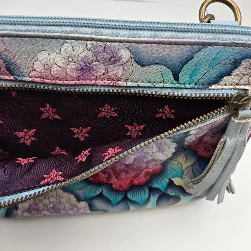Anuschka Hand Painted Leather Crossbody Bag Clutch Hypnotic Hydrangea Floral